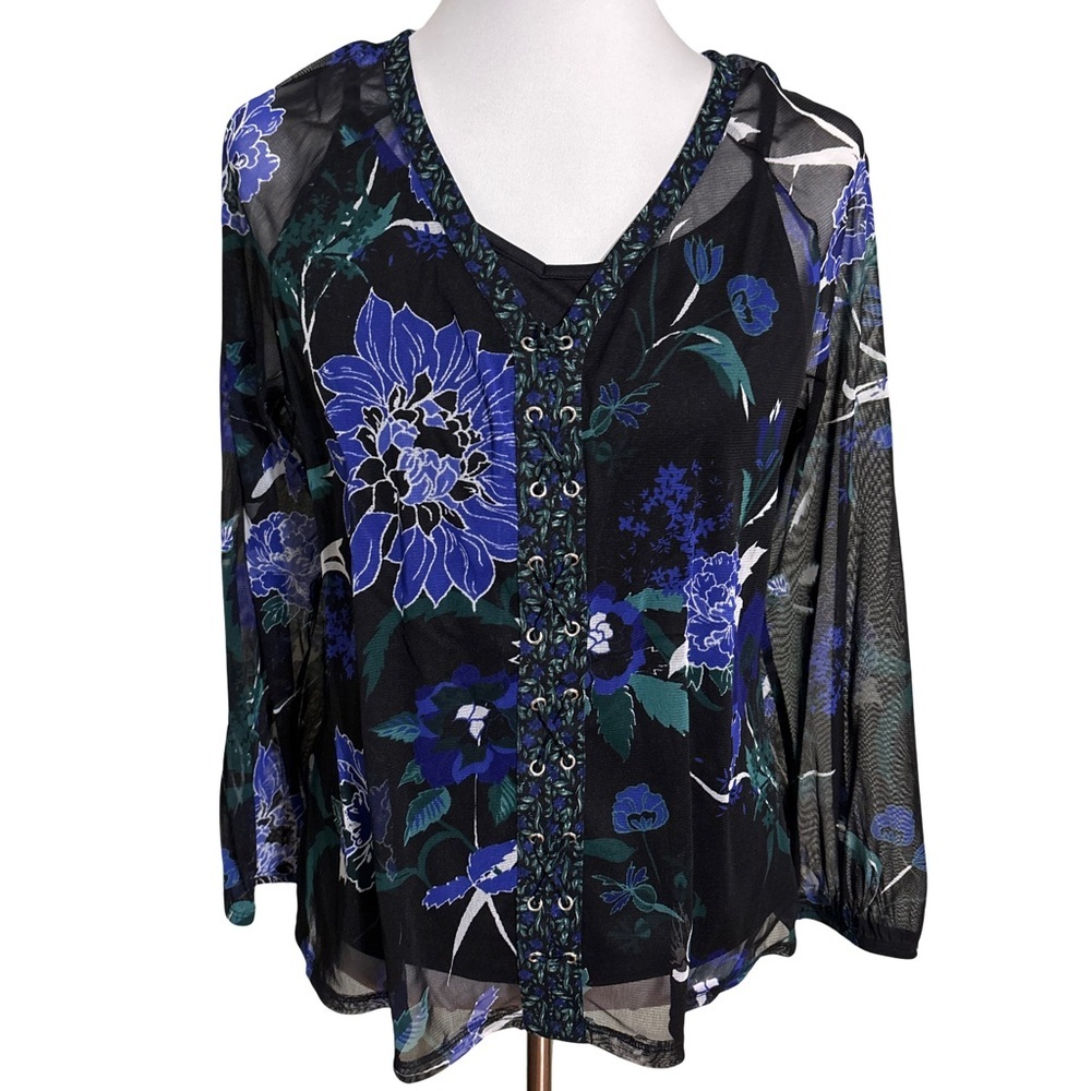 INC International Concepts Black Blue Floral Blouse
